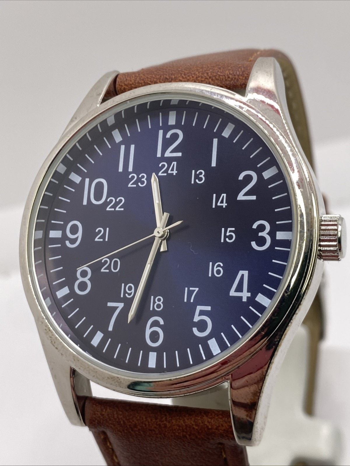Mens Blue Dial Silver Brown Leather Watch New Battery